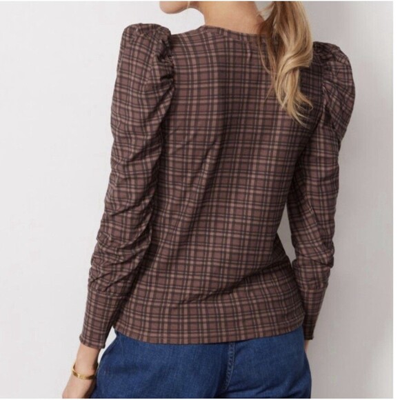 Nation Ltd Long Sleeve Top Sz L Plaid Brown 100% Pima Cotton MInimalist - Picture 3 of 12